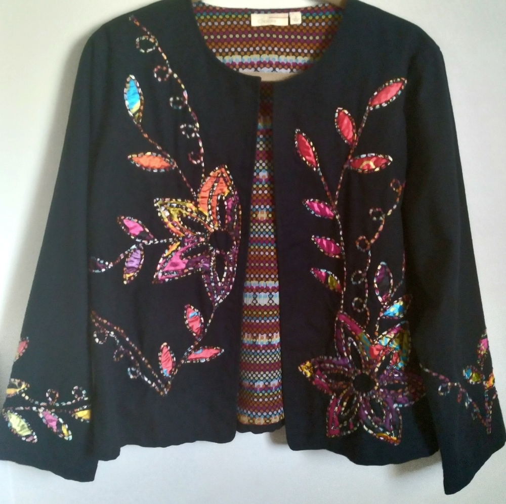 Choices Colorful Embroidered Black Artsy Floral Maximalist Jacket Blazer‎ Large